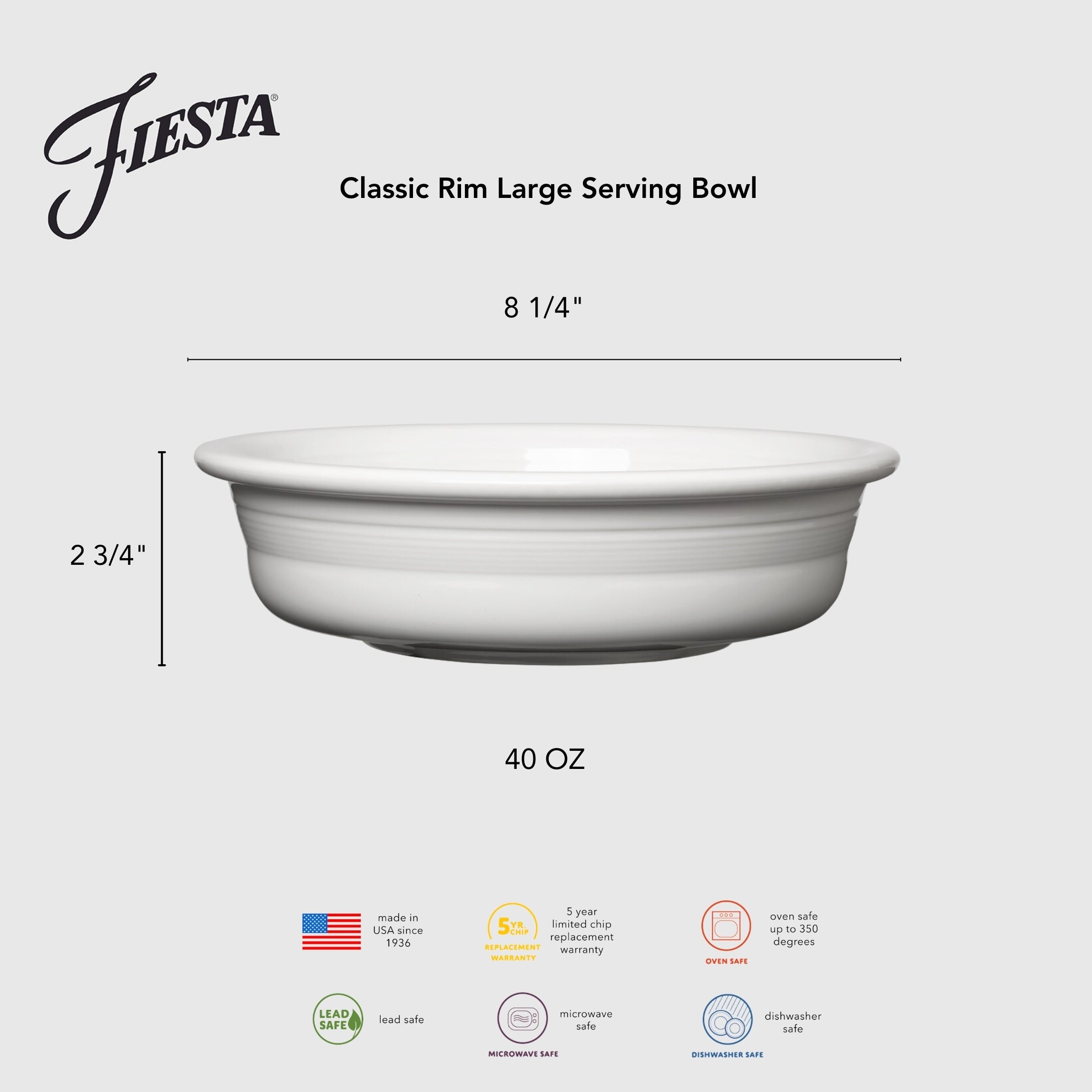 Fiesta Dinnerware - Classic Rim 8 1/4 Inch Large Serving Bowl 40 OZ - Image 3